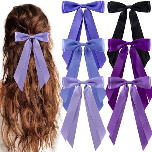 hisial 6Pcs Hair Bows Clips for Hair Silky Satin Ribbon Alligator Barrettes French Hair Ponytail Holders Cute Accessories for Women Girls(Black/Purple)