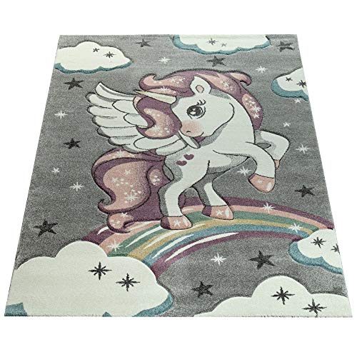 Paco Home Kids Rug For Childrens Room Sweet Unicorn With Starry Sky, Size:3'11" X 5'7", Colour:grey #TOP6