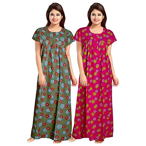 Image of YUKATA Nighty for Women Cotton Printed Maxi Gown Ankle Length Nighty Night Dress Gown for Women Maxi - Free Size (Pack of 2)