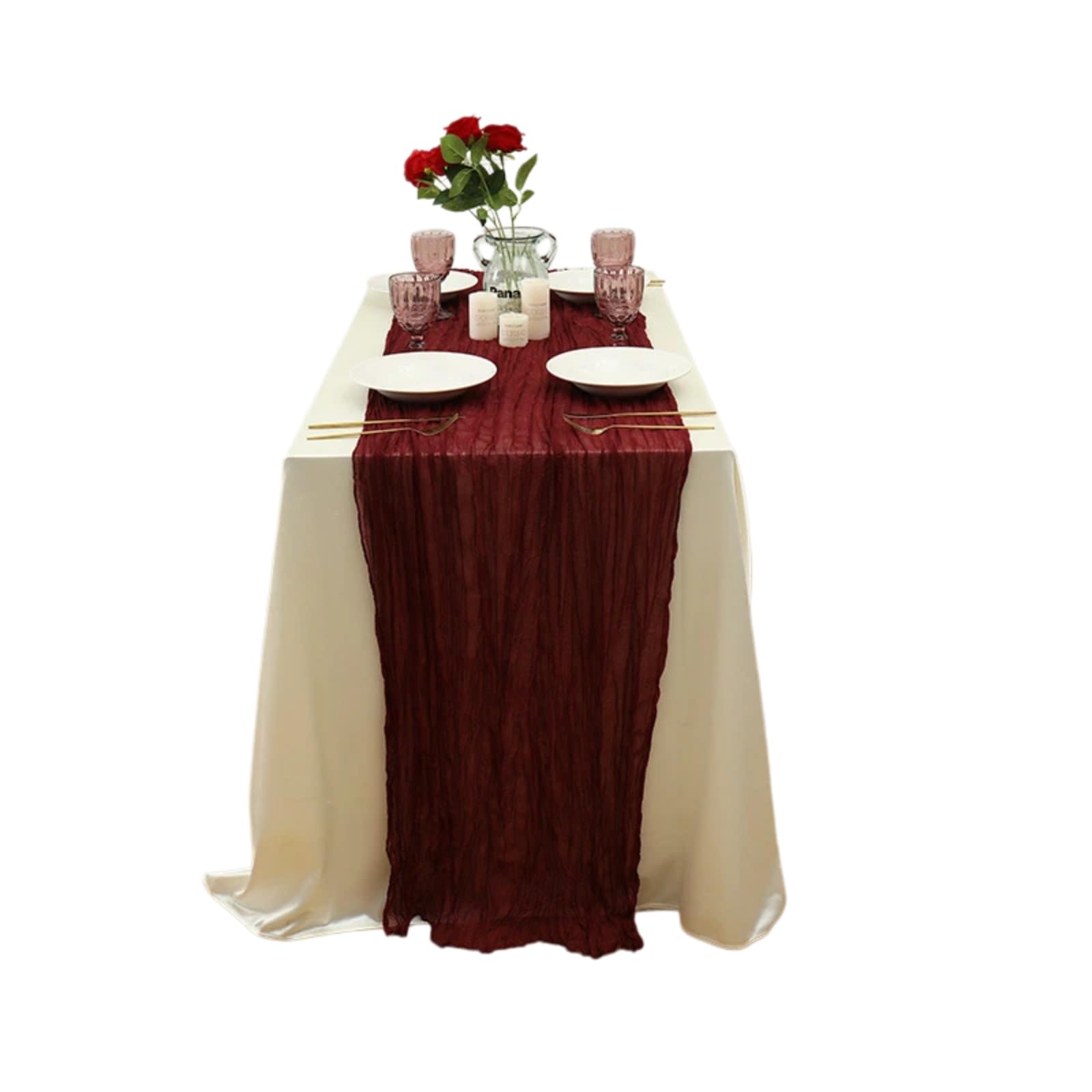 Crinkled Sheer Gauze Table Runner, Semi Transparent Boho Cheesecloth Table Runner for Wedding Birthday Dinner Party Bridal Shower Restaurant Table Decor