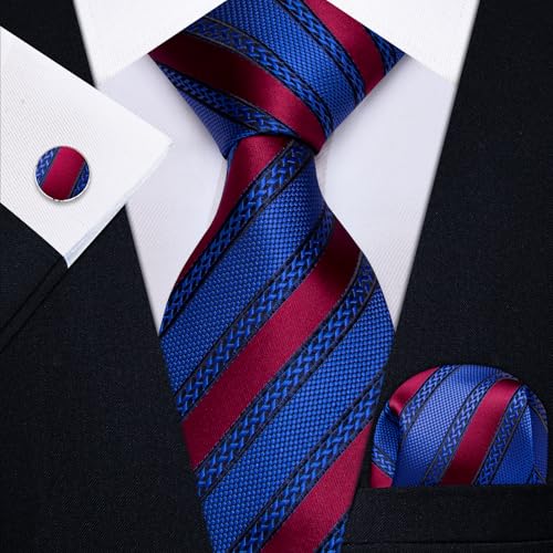Image of YourTies Striped Ties for Men Classic Woven Silk Necktie with Handkerchief Cufflinks Set Formal Business Party Wedding