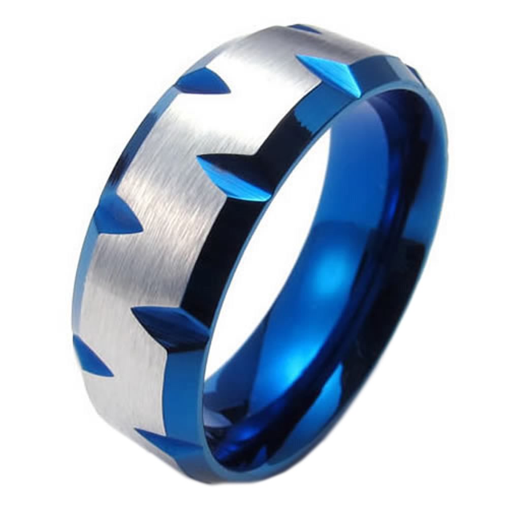 KONOV 8mm Stainless Steel Mens Ring, Blue Plated Faceted Edges, Blue