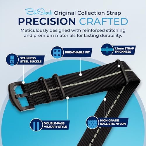Image of BluShark - Original Collection Military-Style Waterproof Watch Strap, Fits All Timepiece Brands, Durable Nylon Wristwatch Accessories with Stainless Steel Buckle - 18mm, 20mm, 22mm & 24mm Watch Bands