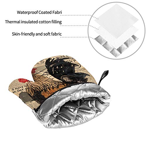 Pnnuo Vintage Newspaper Rooster Oven Mitts And Pot Holders Set Of 4,Cotton Lining With Non-Slip Hot Pads,Heat Resistant Microwave Gloves For Cooking Baking Grilling Bbq Decorative Kitchen #TOP6
