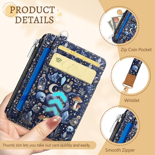 Image of Kelvoris Goth Mushroom Slim Wallet Women Credit Card Holder, Small RFID | Keychain, Zipper Coin Pocket, Front Pocket Thin Travel Card Case, Minimalist, 6 Card Slots, 1 ID Window, Ladies Gifts Woman