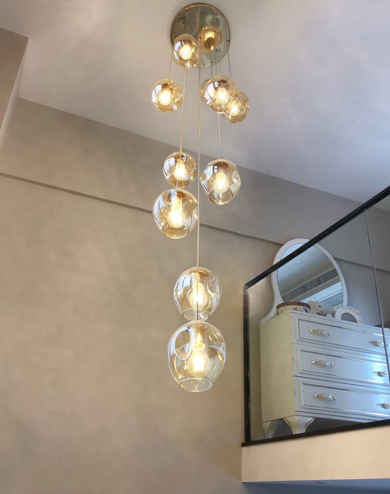 Nowoczesny wiszący żyrandol ze szkła dmuchanego ze szklaną kulką z efektem kropli deszczu, na schody. Gniazdo E26, lampa sufitowa Globe, regulowana wysokość do wysokich sufitów.