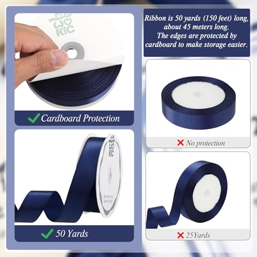Image of woric Navy Blue Satin Ribbon 1 inch 60 Yards Dark Blue Ribbon for Baby Shower Graduation Party Decoration Gift Wrapping Summer Wedding Bouquet Bows Making Independence Day