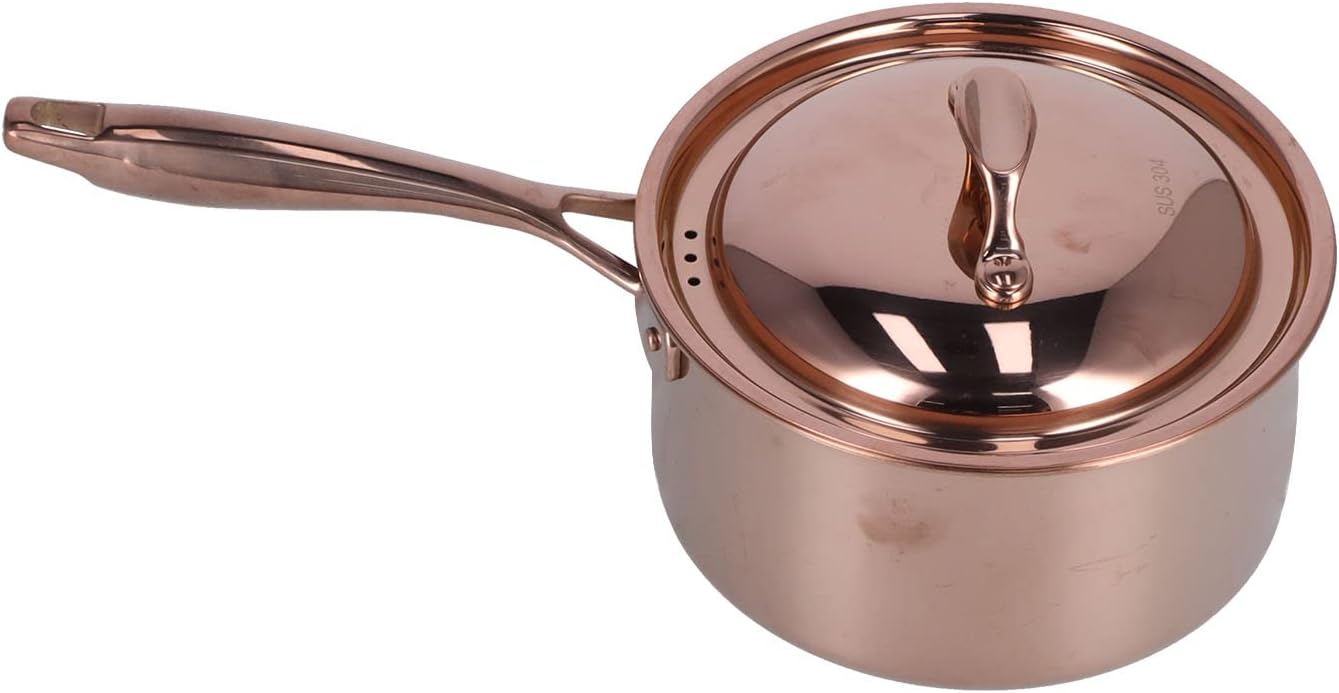 304 Stainless Steel Sauce Pot, 2.4L Multi Layer Bottom Pot, Non Stick Cooking Soup Pan with Single Riveted Handle & Lid, Ideal for Induction & Gas Stove (Rose Gold)
