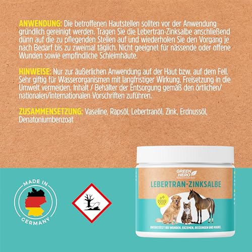 GreenHero Lebertran-Zinksalbe, 500g, bei Hautproblemen von Haustieren, unterstützend bei Wunden, Reizungen, Juckreiz, Mauke und Anderen Hautproblemen, für Pferd, Hund, Katze und Co