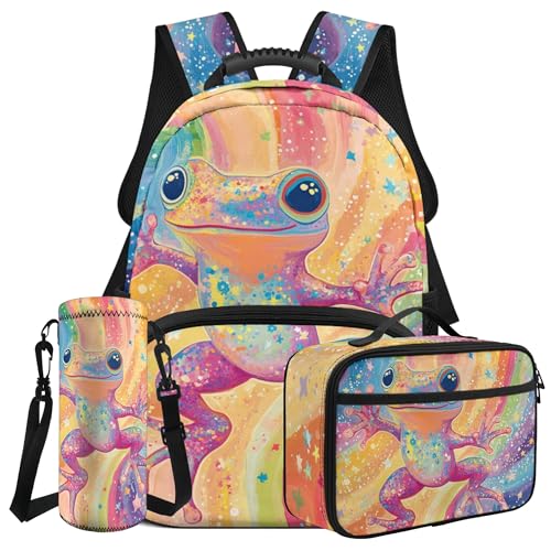 Aesthetic Frog Backpack and Lunch Bag Set for Girls Boys Age 6-8 8-10 10-12 Lightweight 17 Inch Bookbag Elementary School Kids Backpack with Lunch Box and Water Bottle Holder 3 In 12