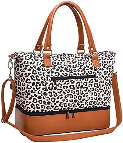 Women Travel Duffle Bag Canvas Carry On Tote Weekender Overnight Bag with PU Leather Shoulder Strap and Shoe Compartment Leopard 18 Inch