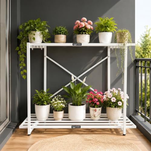 Image of Amazon Basics Heavy Duty 2-Tier Plant Stand | Rust-Resistant Powder Coated Finish | Multipurpose Shelves | Reinforced X-Frame Stability | Indoor & Outdoor Use | Balcony, Garden & Living Room | White