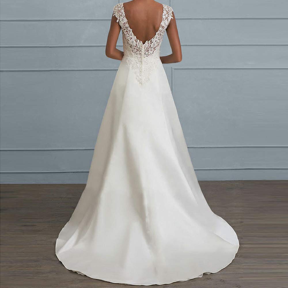 Abito da Sposa Donna Elegante Senza Maniche Scollo a V Nuziale con Spacco Pizzo Lungo per Matrimonio/Fidanzamento/Sera/Foto (White, M)