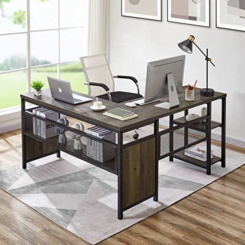 Fatorri L Shaped Computer Desk, Industrial Home Office Desk With Shelves, Rustic Wood And Metal Corner Desk (Walnut Brown, 59 Inch) #TOP1