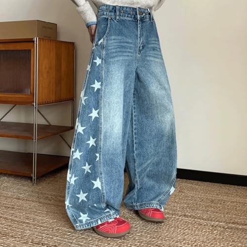 Barrel Jeans Men Stars Print Baggy Skater Denim Pants Y2K Washed Streetwear Barrel Leg Bottoms Loose Fit High Waist Relaxed2