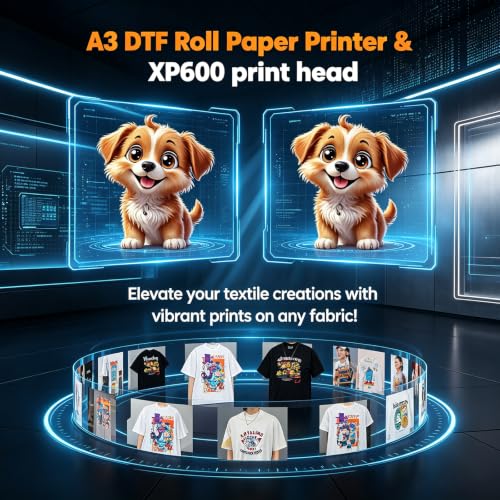 Image of A3 DTF Printer with Roll Feeder, XP600 Printhead 5760x1440DPI, DTF Transfer Printer Machine with Built-in White Ink Stirrer & Auto Cleaning, for T-Shirt Textile Printing (A3 Printer)