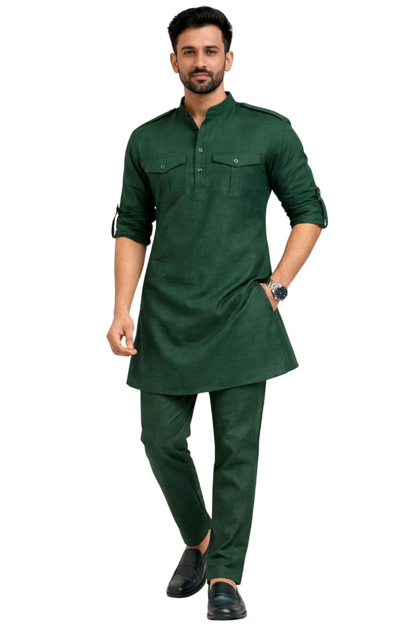 Traditional Pathani Khan Suit Set for Men, Soft Cotton, Ethnic Wear with Shoulder Flaps and Flap Pockets, Salwar Patiala Pyjama, Relaxed Fit for Eid and Holi-image-3
