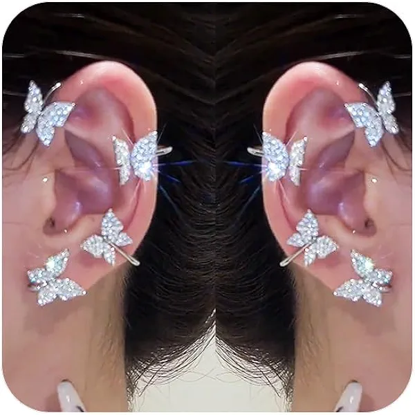 Butterfly Ear Cuffs Earrings Rhinestone Butterfly Ear Wrap No Piercing Ear Cuff Clip On Earrings for Women (Silver)