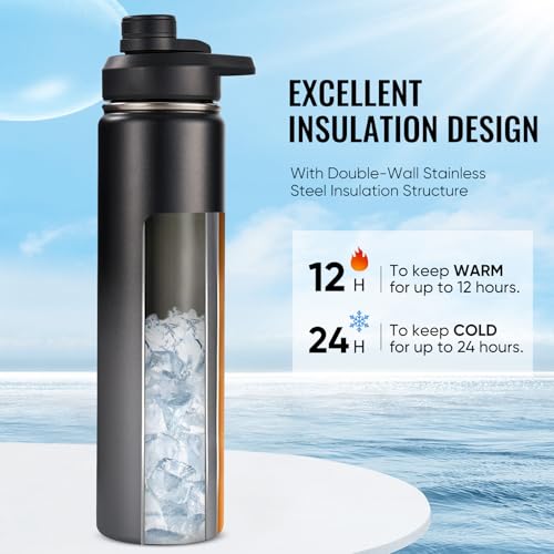 Image of Fijinhom 24 oz Insulated Water Bottle with Handle, 304 Stainless Steel Water Bottles with 2 Lids, Double Wall Vacuum Sports Water Cup with Straw, BPA Free, Keep Cold and Hot, Black /Gray