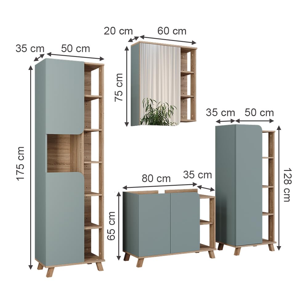 Vicco Set di mobili da bagno Karen, Sonoma/blu, 80 cm, composto da mobile lavabo, pensile a specchio, colonna e base media