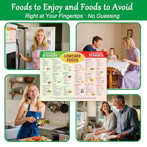 4-Piece Diet Plan Fridge Magnet Set – Low Carb, Mediterranean, Anti-Inflammatory & Renal Diet Food Guides with Meal Plans, Grocery Lists & Healthy Eating Reference for Kitchen