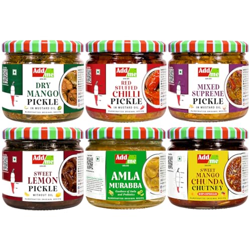 Image of Add me combo pickle box gift pack 6 in 1 dry mango achar 300gm + mixed pickles 300grm + amla murabba 300 gm + sweet Lemon pickle 350gram + Lal mirchi ka achar 300 gm + sweet mango jeera chutney 350grm glass jar