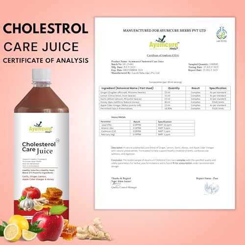 Image of Ayumcure Cholesterol Care Juice | Ayurvedic Heart Health Drink with Garlic, Ginger, Lemon, Apple Cider Vinegar & Honey | Supports Healthy Cholesterol & Triglyceride Levels|Sugar-Free|1L (Pack of 3)