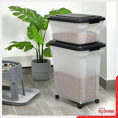 Iris Ohyama, Pet Food Storage Container, Set Of 2, 20 L and 45 L for 7,5 and 15 kg, Flip-Up Lid, Airtight, Transparent, Shovel and Wheels, for Dog and Cat Food - Air Tight Food Container ATS-C - Black