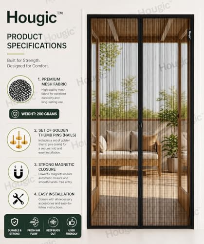 Image of Magnetic Mosquito Screen Door Net Curtain (with Thumb Pins Only (Tape not Included)) Magnets Reinforced Polyester Curtain Back Door Mesh with Insect Control | Insect Repellent Size 7 feet Black Color