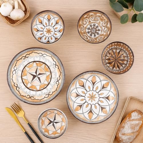 Image of 6-Piece Ceramic Dinner Set, 2 Plates & 4 Bowls, Microwave Safe, Dishwasher Safe, Floral Dinnerware (Vintage Style, 2 Plate & 4 Bowl Set)
