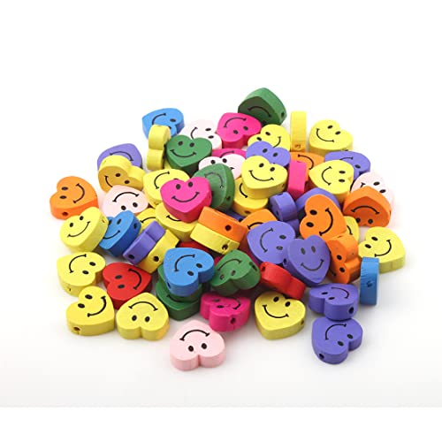 Wooden Beads for Threading 20 Pieces Motif Colourful Beads Set for DIY Bracelets Jewellery Necklaces Mixed Colour (Heart with Smiley Face 17 mm) - Image 2