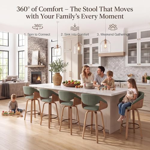 Image of HNY 26 inch Swivel Bar Stool Set of 1, Green Linen Counter Height Barstool | 360 Swivel Bar Height Stools, Barrel Backrest, Solid Wood Frame, Round Footrest, Counter Stools for Kitchen Island, Home Bar