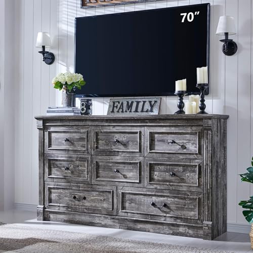 Image of Aitjunz Farmhouse 8 Drawers Dresser for Bedroom, 61 inch Wide Large Dressers & Chests of Drawers w /Roman Column, Storage Dressers Organizer for Bedroom, Hallway, Living Room, Light Grey