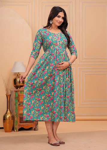 Image of JAIPURFAME Stylish Women's Pure Cotton All Over Printed Kurti Gown, Maternity Dress, and Feeding Dress - Comfortable and Elegant Maternity Wear for Women
