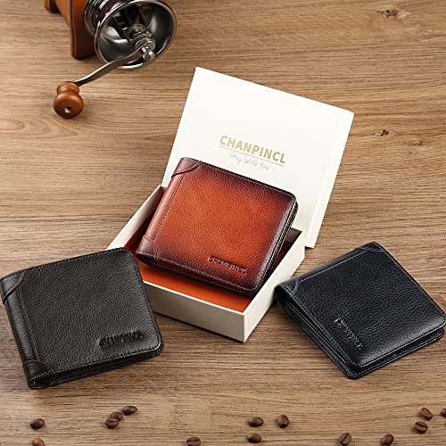Image of Mens Trifold Leather RFID Blocking Wallet with 2 ID Windows 2 Cash Compartments 6-8 card slots 2-3 inside slots Large Capacity Wallet