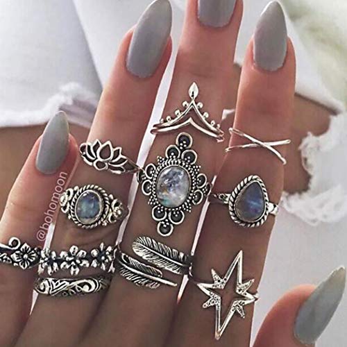Aukmla Lot de 11 bagues de phalanges vintage en argent Ensembles d'anneaux d'articulation d'articulation de bagues de doigt empilables de fleur pour des femmes et des filles