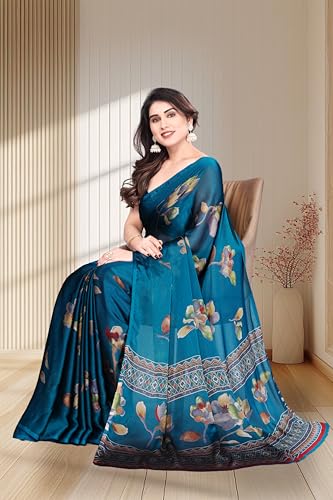 Image of SUPERLAXMI Women's Chiffon Floral Printed Saree with Blouse Piece