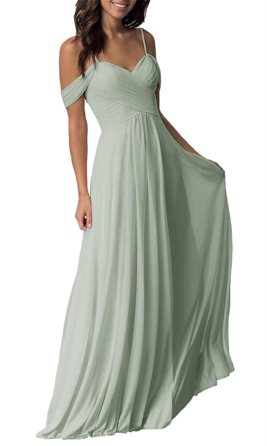KURFACE Cold Shoulder Sage Green Bridesmaid Dresses for Wedding Party Chiffon Long Evening Prom Dress UK18