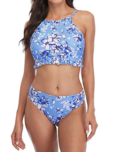 beautyin Womens Floral Printed High Neck Ruffled Cross Back Two Piece Bikini Swimsuits Sets Blue L