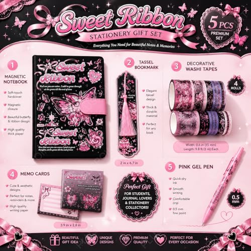 Image of PLUSPOINT Butterfly Aesthetic Scrapbook Kit for Girls - A5 Lock Diary Sweet Ribbons Theme with Stickers, Washi Tape, Memo Pads & Pen, Kawaii Journal Stationery Gift Set for DIY Scrapbooking