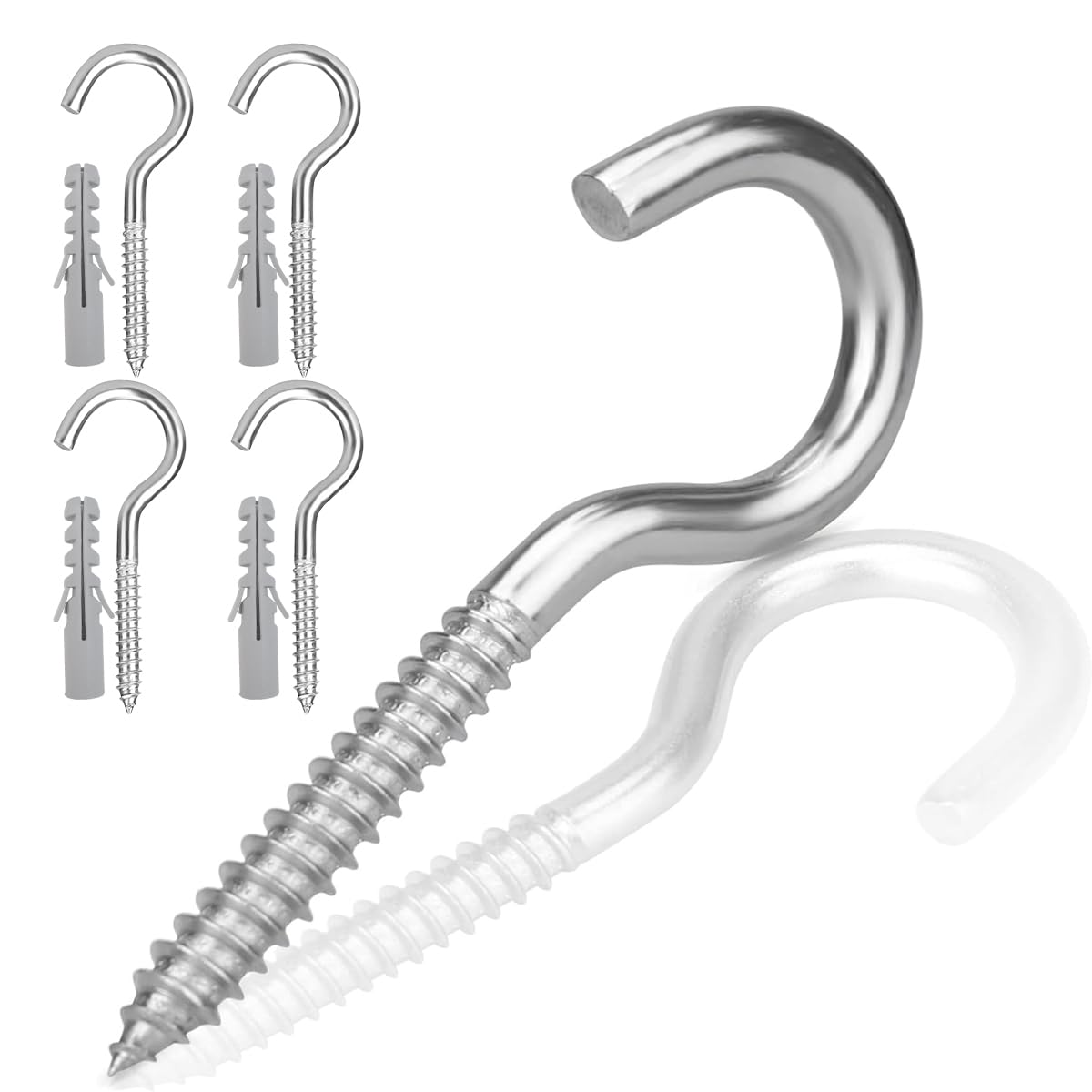 Garegce Screw-in Hooks in 304 Stainless Steel,114mm (3.94 inch) Heavy Duty Washing Line Hooks for Fence Post Rust Proof Wall Mount Screw with Plastic Plugs for Home Office Outdoor Garden,Wood - 4PCS