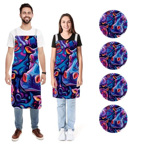 Tablier en lin motif hippopotame abstrait haut de gamme ajustables