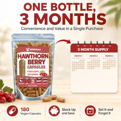 Image of XPRS Nutra Hawthorn Berry Capsules - 180 Count (90 Day Supply) of Premium Hawthorne Berry Capsules for Cardiovascular Support - Vegan Friendly Hearth Health Supplement