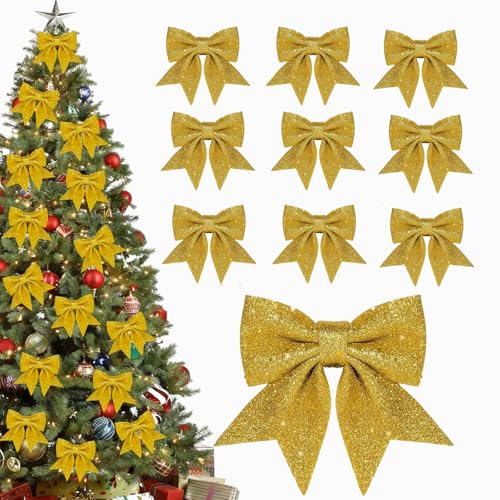 10 Stück Gold Weihnachtsschleifen,Glitzer Weihnachtsbaumschmuck...