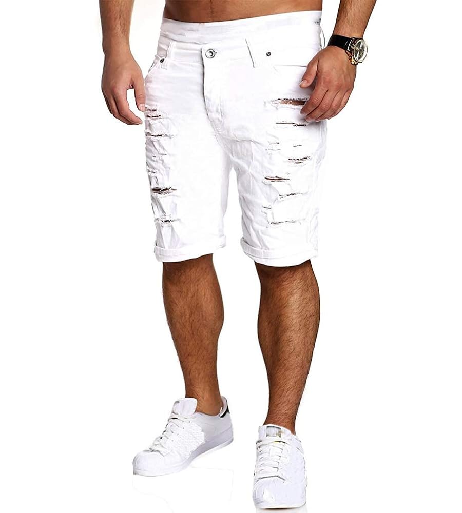 Minetom Elasticizzati da Uomo Strappati Jeans Spiaggia Pantaloni Corti  Bermuda Pantaloncini Sguardo Distrutto Patchato Stile Bianco EU S :  Amazon.it: Moda