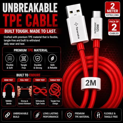 Image of Pack of 2 120W 10A USB to Type C Fast Charging Cable 2 Meter | Unbreakable TPE SuperVOOC Data Cable | Fast Charge & Data Sync for OnePlus Oppo Realme Vivo Xiaomi Samsung Type C Devices