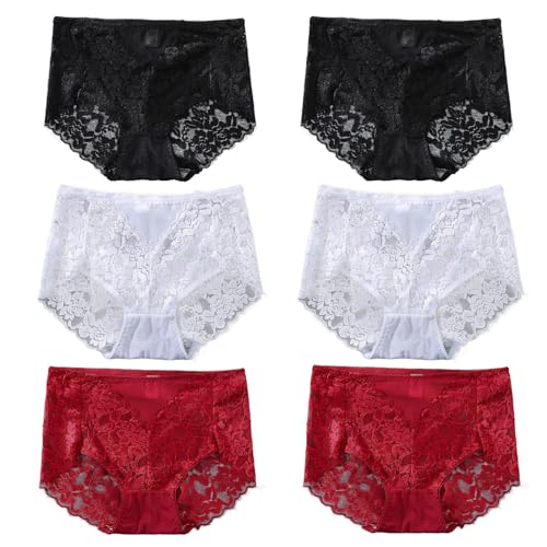 Image of Sexy High Waisted Underwear for Women Plus Size Briefs Breathable Lace Panties High Waisted Cheekster Granny Panties