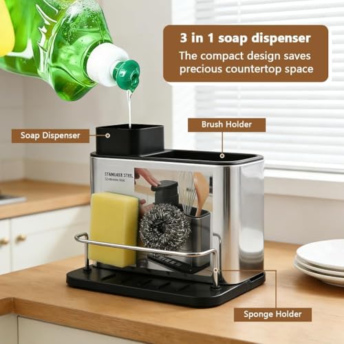 Image of Steel Kitchen Sink Caddy with Soap Dispenser - 3-in-1 Dishwashing Organizer for Sponge & Brush | Rustproof Sink Shelf for Kitchen Counter