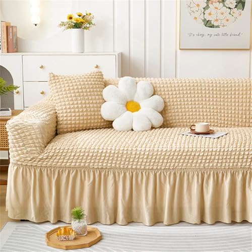 Funda elástica para sofá de 3 plazas con reposabrazos, color sólido, resistente a los arañazos, resistente a las manchas, con volantes, protector de sofá (color amarillo)