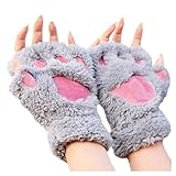 [ふく福] 可愛い ふわモコ肉球 レディース手袋 ガールズ半指グローブ 防寒 ハーフィンガー 指なしタイプ 熊 コスプレ ぬいぐるみ風 穴 指あり 動物 人気 便利 写真 (グレー)